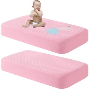 NTBAY 2 Pack Waterproof Crib Mattress Protector, Quilted 28"x52" Toddler Fitted Sheet - Machine Washable - Soft and Breathable Mattress Pad Cover for Crib, Nursery, Daycare, Cot, Pink