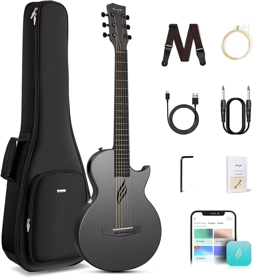 Enya NOVA GO SP1 Carbon Fiber Travel Guitar - 35" Acoustic Electric with Smart AcousticPlus Technology, Built-in Effects, USB Recording, Bluetooth Speaker, Beginner Bundle with Gig Bag & Accessories (Black)