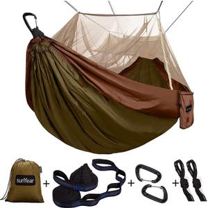 Sunyear Camping Hammock, Portable Single & Double Hammock with Net, 2 Person Hammock Tent with 2 * 10ft Straps, Best for Outdoor Hiking Survival Travel (Coffee/Green, Bed Size 106*55 inch )