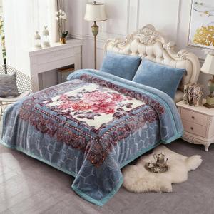 JML Korean Style Fleece Blanket King Size, 87" x94", 10.5 Pounds, Plush Raschel Heavy Blanket for Winter, 2 Ply A&B Floral Printed, Silky Soft Thick Warm (Grey-Blue Peony)