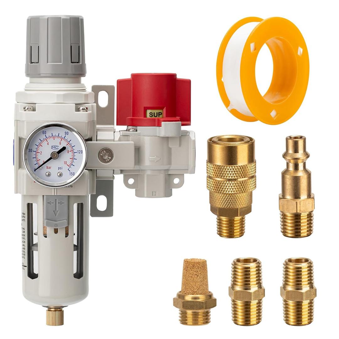 Industrial Air Compressor Filter Regulator Combo 3/8" NPT 0-150 PSI Gauge,Semi-Auto Drain,Pressure relief 3 port valve,5 Micron Water Separator for Pneumatic Tools