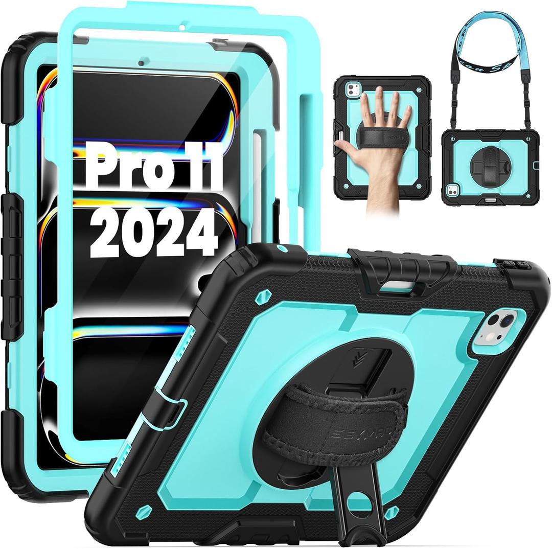 SEYMAC for iPad Pro 11 Inch Case 2024 (M4), Heavy Duty Shockproof Protective Case with Screen Protector, 360 Rotating Stand, Hand/Shoulder Strap and Pen Holder for iPad Pro 11 2024, Light Blue