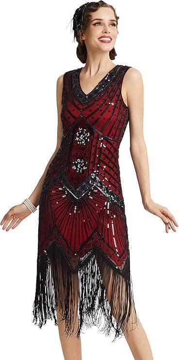 BABEYOND Women's Flapper Dresses 1920s V Neck Beaded Fringed Great Gatsby Dress, Size S
