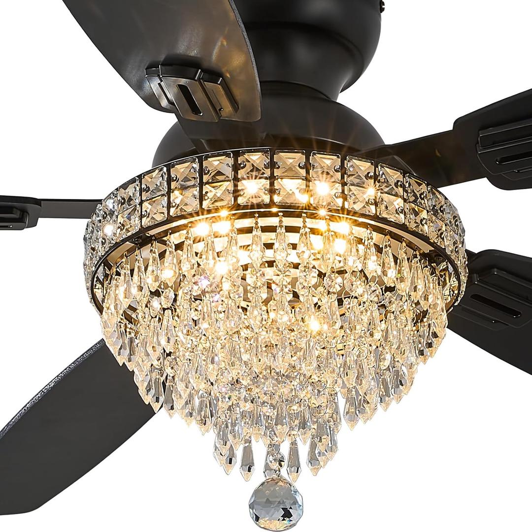Crystal Ceiling Fan Fandelier with Lights-Ceiling Fans,50" Low Profile and Remote Control, Flush Mount, Reversible, Dimmable, Noiseless, Black Ceiling Fan for Bedroom