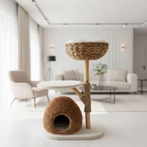 Cat Tree Tower for Large Adult Cats, Real Branch Wood Cat Tree with Natural Coconut House & Rattan Basket, Cat Condo for Indoor Cats, Sisal Scratching Posts, Removable Covers, Soft Pillows, 35" Tall