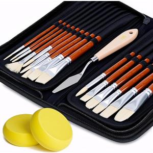 DUGATO Artist Paint Brush Set (15pc)  Short Handle Hog Bristle Brushes for Oil, Acrylic, Gouache, Watercolor  Includes PopUp Case, Palette Knife & Sponges  Professional Art Supplies