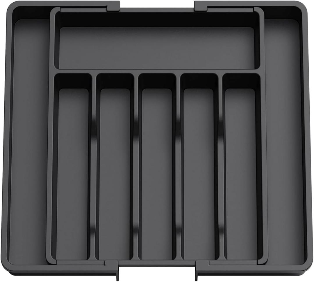 silverware drawer organizer, expandable silverware storage, utensil organizer, durable plastic cutlery storage box for forks, spoons, and knives - kitchen essentials for new home (black)