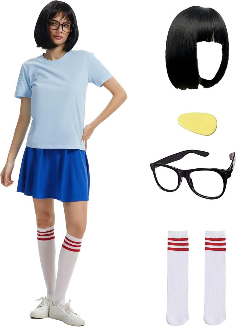 6 Pcs Women Light Blue Costume Full Set Cosplay with Wig Glasses Blue Shirt Skirts Socks Hairpin (XX-Large)