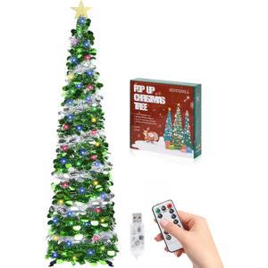SINTENILL 6 FT Pop Up Christmas Tree with 100 LED Timer Lights & Remote, Green Collapsible Christmas Tinsel Tree Artificial Pencil Tree Xmas Decoration for Holiday Home Office Party, USB Powered
