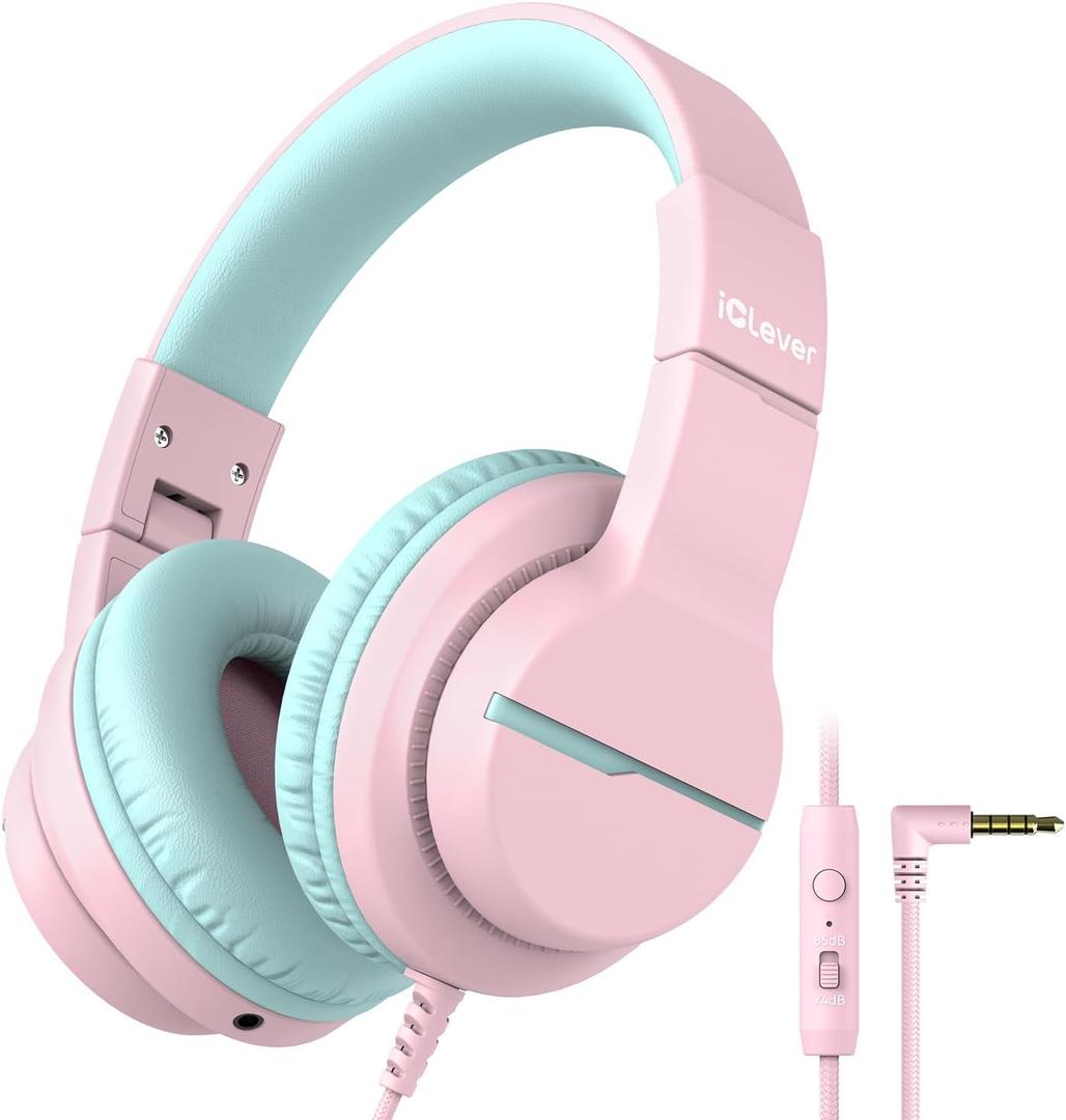 iClever HS19 Kids Headphones with Microphone for School, Safe Volume Limited, Over-Ear Girls Boys Headphones for Kids with Shareport, Foldable Wired for iPad/Travel (Pink)