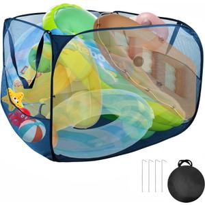 Large Pop up Pool Toy Storage Bin,47"X47"X30"Pool Float Organizer Bag with 2 Side Pockets Mesh Swimming Pool Toys Organizer with 4 Ground Nails for Inflatable Toys, Beach Ball and Pool Accessories