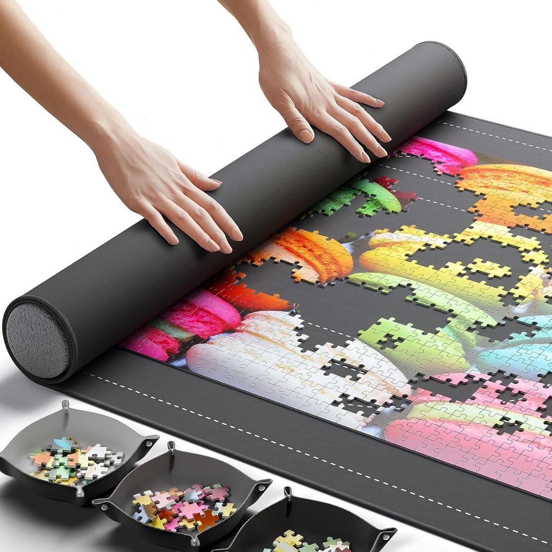 The Original Newverest Jigsaw Puzzle Mat Roll Up, Saver Pad 46 x 26 Portable Keeper Up to 1500 Pieces with Non-Slip Rubber Bottom & Smooth Top + 3 Puzzle Sorting Trays & Travel-Friendly Storage Bag
