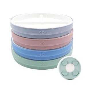 Elk and Friends Kids 7.8” Porcelain White Divided Plates with Silicone Suction Sleeves | Suitable for Babies/Toddlers | Microwave & Dishwasher Safe | Stay Put Dinnerware | Snack Dishes | 4 Pack