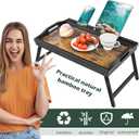 Tray Table for Bed, Bamboo Breakfast Serving Tray with Folding Legs and Handles, Laptop and Snack Bed Table with Cross Bar & Media Slot, Dark Brown with Black Legs, for Bedroom, Sofa, Kitchen