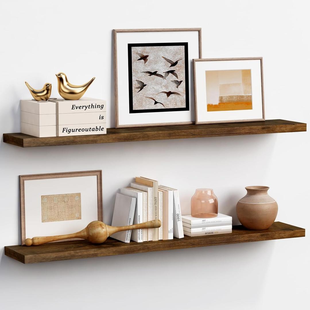 48 Inch Long Floating Shelves, Rustic Brown Wall Shelf for Living Room, 48 x 8 Inch 2-Pack