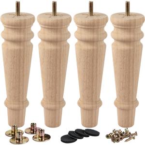 La Vane 8 inch / 20cm Unfinished Wooden Furniture Legs, 4PCS Soild Wood Turned Spindle Replacement Bun Feet with Pre-Drilled M8 Inch Bolt & Mounting Plate for Sofa Couch Chair Ottoman (Type #04)