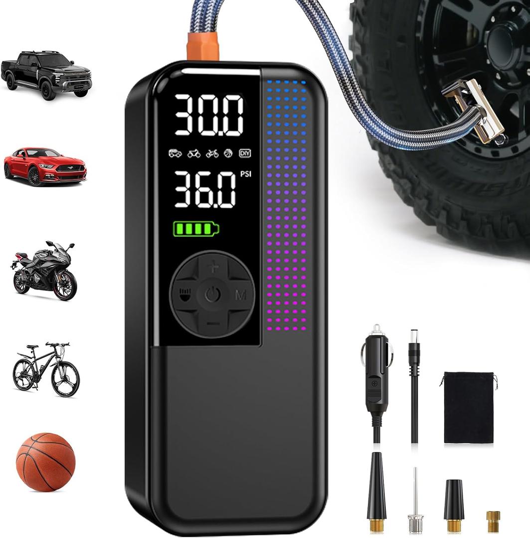 WEOLULI Tire Inflator Portable Air Compressor,150 PSI Cordless Air Pump, 12V DC Car Plug,Dual Power 10000mAh, Fast Inflation 24L/Min, 4 Preset Modes for Car, Bike, Motorcycle, Balls (Black, 10000mAh)