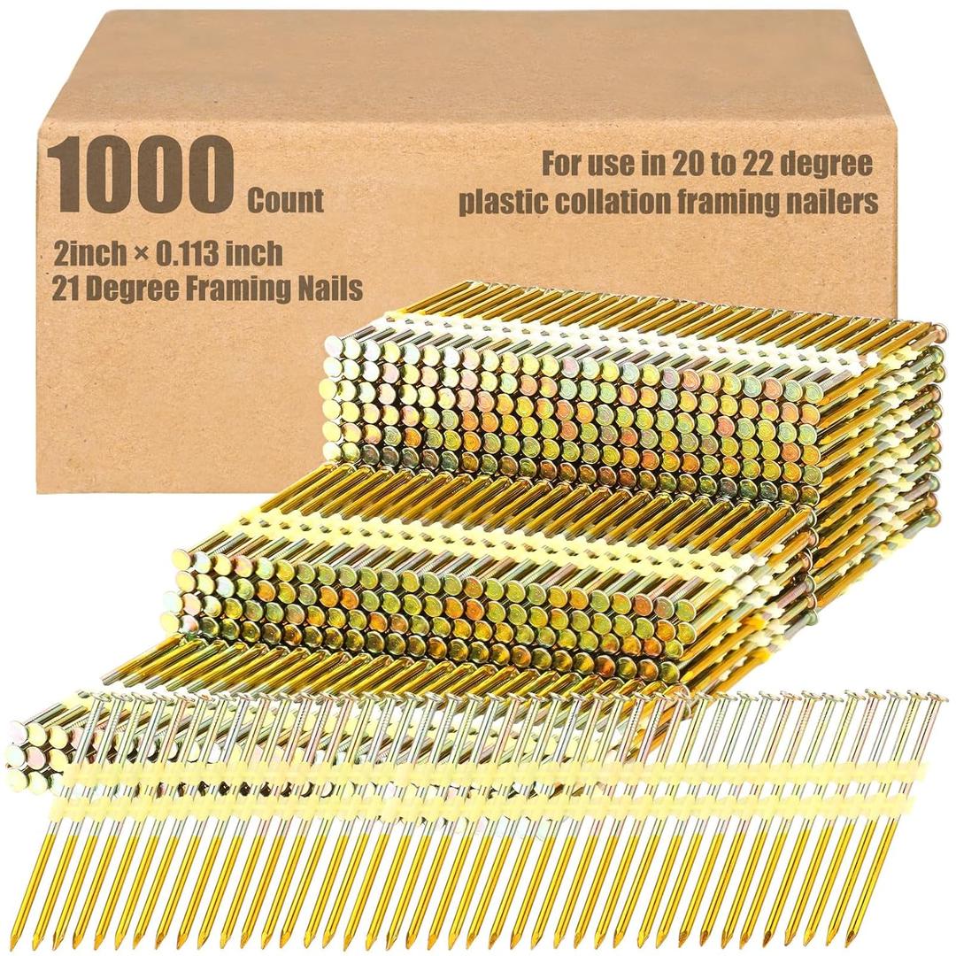 Pasimy 1000 Per Box 2 x 0.113 Inch Framing Nails 21 EG Degree Smooth Shank Plastic Collated Galvanized Full Round Head Framing Nails