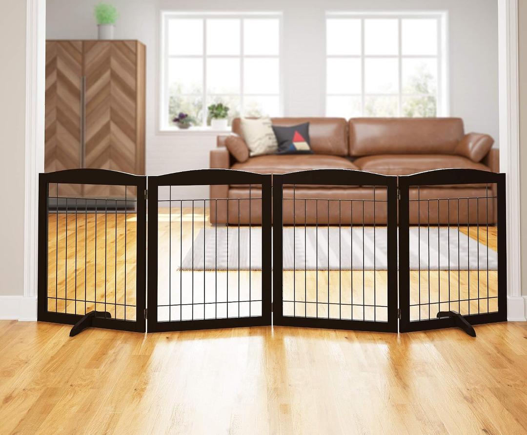 PAWLAND 96-inch Extra Wide Dog gate for The House, Doorway, Stairs, Freestanding Foldable Wire Pet Gate, Set of Support Feet Included Espresso, 【4 Panels】96"W x 32"H