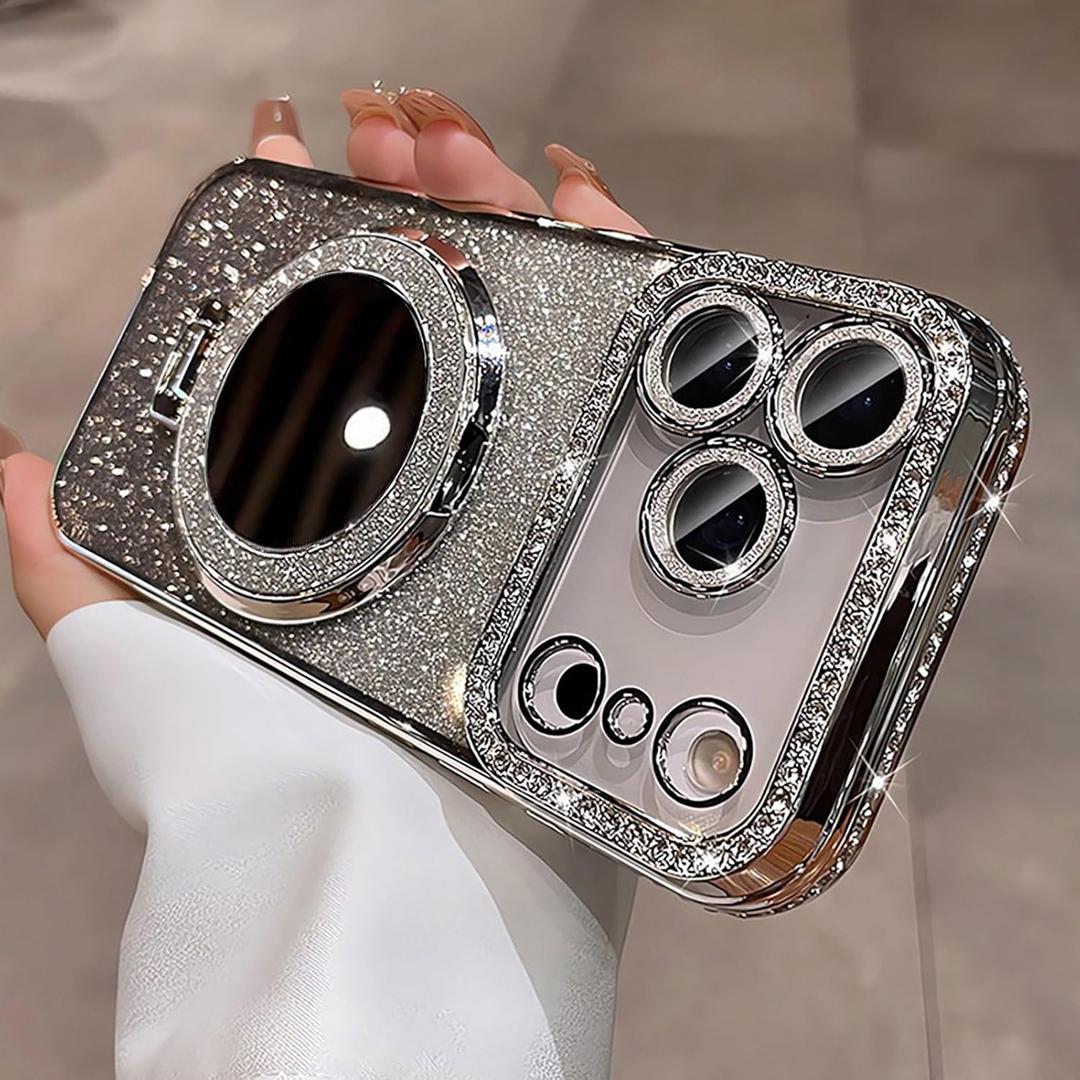 Compatible with iPhone 17 Pro Case with Stand for Women, (2 in 1 Clear or Glitter Case), Cute Bling Sparkly Glitter Ring Holder Kickstand, Case with Camera Protector, [Compatible with Magsafe], Silver