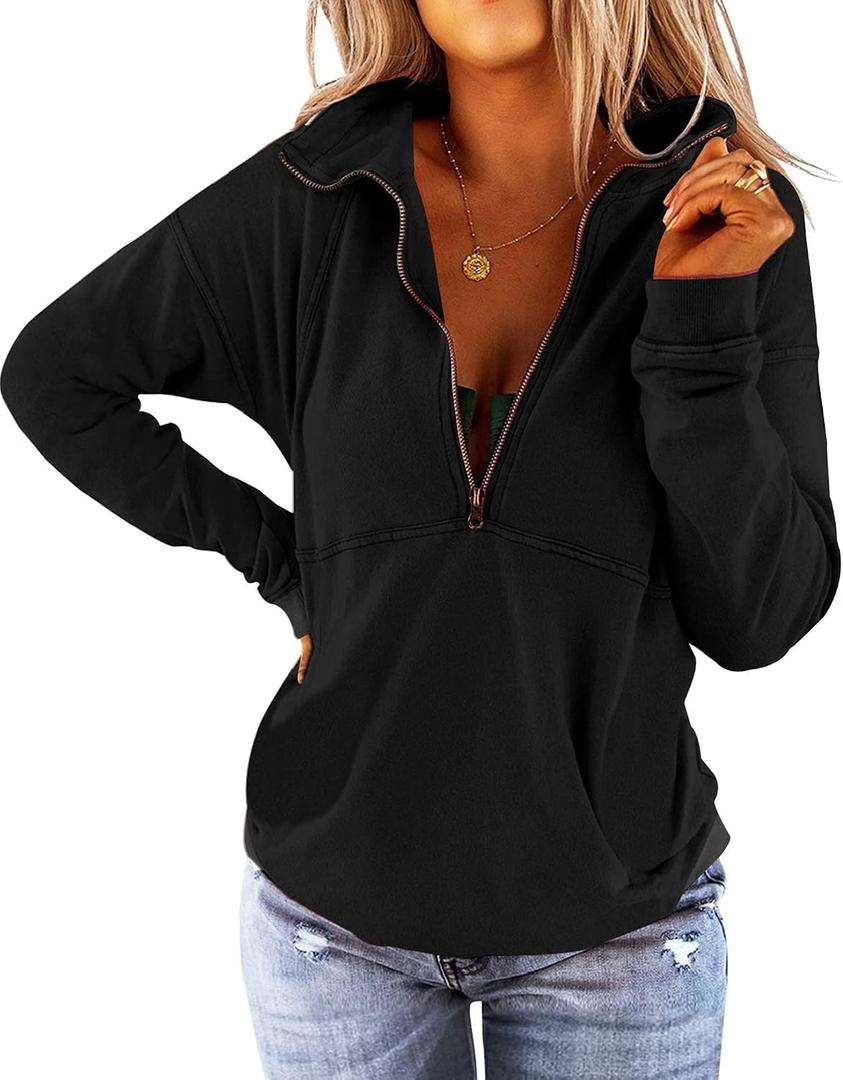 Floral Find Women's Long Sleeve Lapel Half Zip Up Sweatshirt Solid Stylish Loose Fit Casual Pullover Tops (Black, M)
