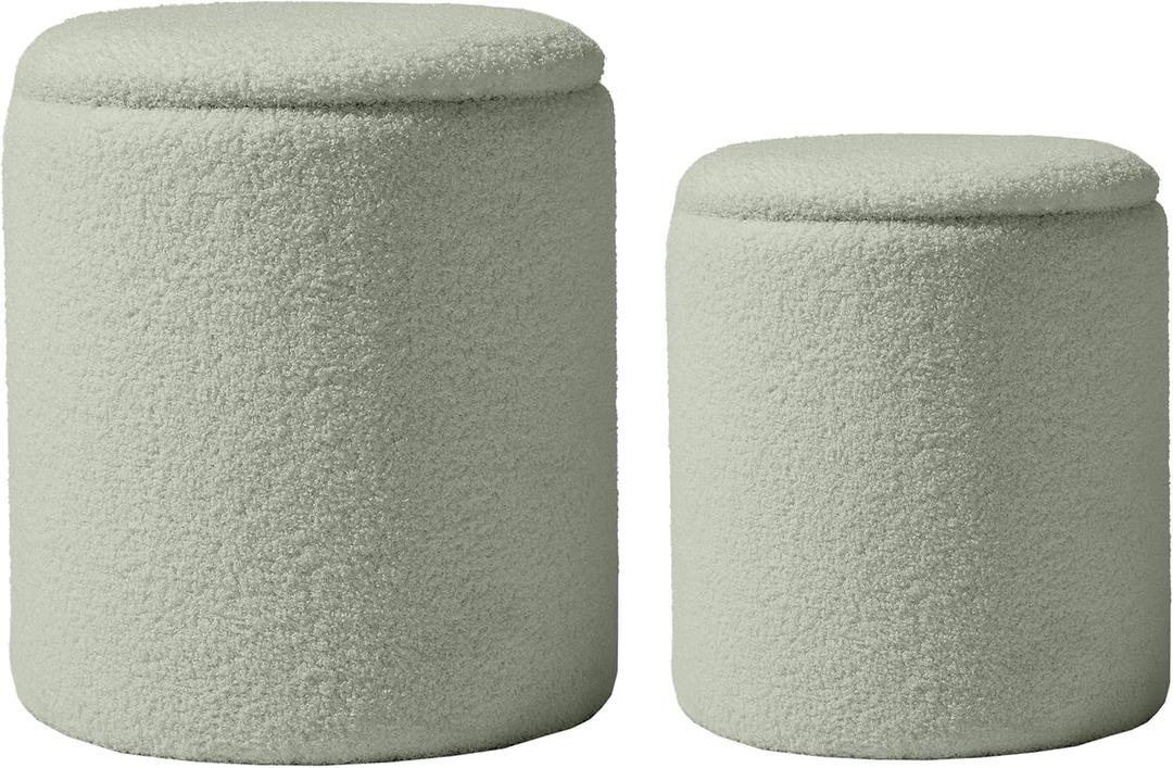 Round Boucle Upholstered Ottoman with Storage Set of 2 Vanity Stool Foot Rest with Removable Lid White Tall Ottomans Chair for Living Room Pouf Footstool,Gifts Green