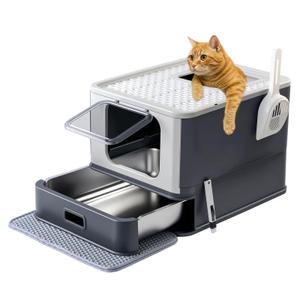 Marchul Stainless Steel Cat Litter Box with Lid & Drawer, Adjustable Front Entry Top Exit Kitty Box, Large Metal Covered Litter Box with Scoop & Litter Mat, Dark Gray