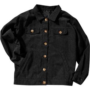 Fashion Women Corduroy Jacket Turn Down Long Sleeve Pockets Button ,Size M, Black Jacket