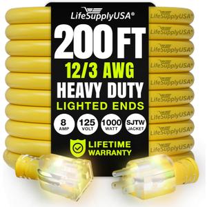 200ft Outdoor/Indoor Extension Cord 12/3 Gauge Extra Heavy Duty 3 Prong SJTW, Waterproof, Flexible Cold-Resistant Long Power Cord,8A 125V 1000W, Yellow by LifeSupplyUSA
