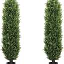 THE BLOOM TIMES 5FT Tall Artificial Cedar Topiary Trees Set of 2, UV Resistant Large Faux Cypress Evergreen Plants for Outdoor Planters, Realistic Fake Bushes & Shrubs for Front Porch Decor