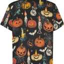 Halloween Button Down Shirt for Men Spooky Pumpkin Skull and Ghost Print Short Sleeve Casual Shirt (M)