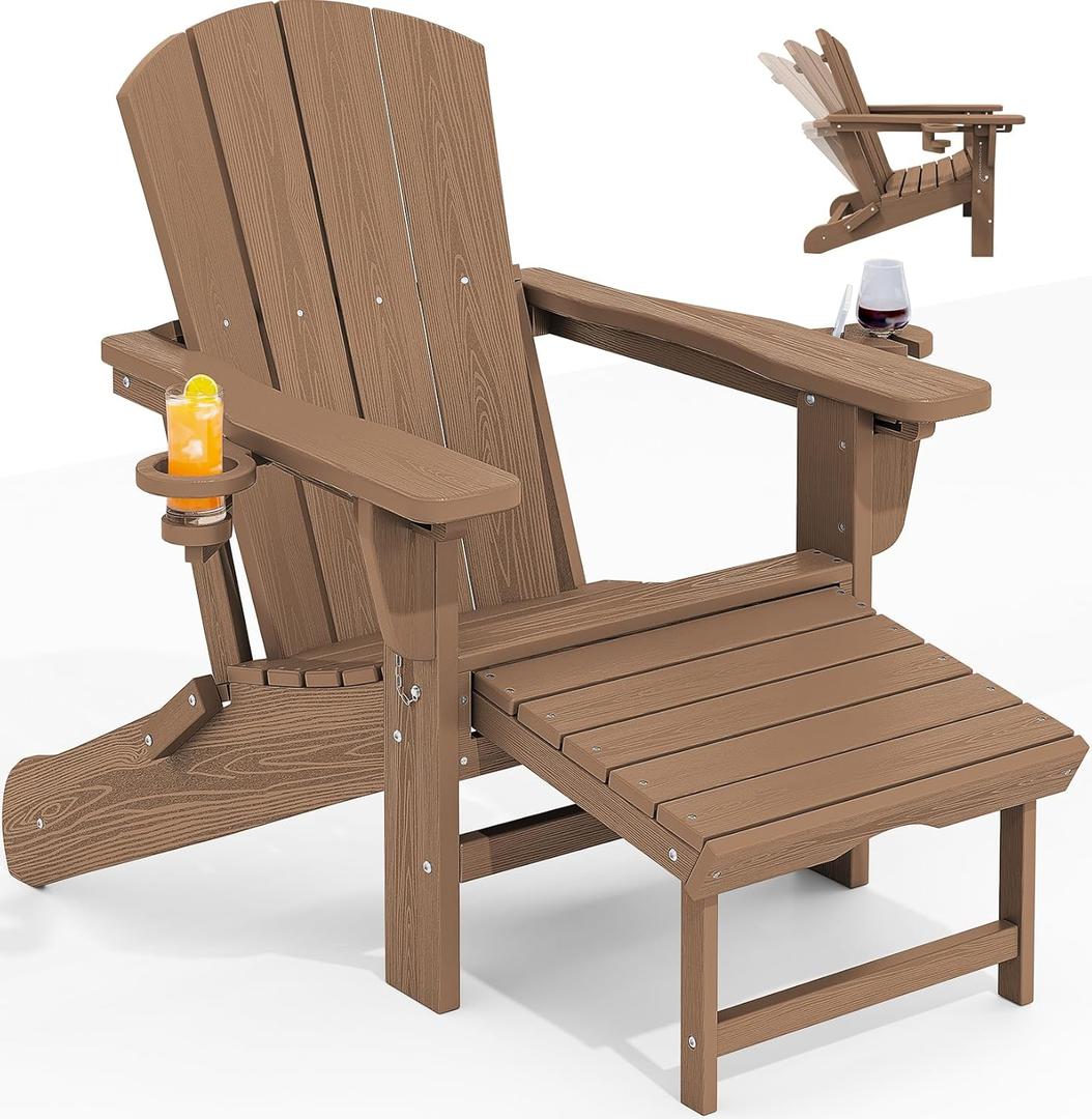 KINGYES Folding Adjustable Adirondack Chair with Retractable Ottoman, HDPE Weather Resistance Oversized Outdoor Chair with Cup Holder, Wood-Like Reclining Versatile Adirondack Chair, Brown (1 pc-Dual Cup Holders)
