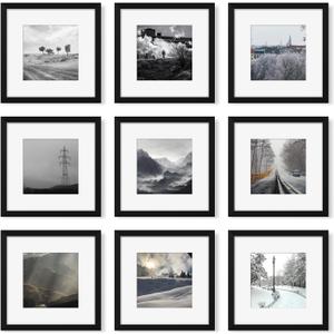 12x12 Picture Frame Set of 9, Photo Gallery Wall Frame Set, Display Pictures 8x8 with Mat or 12 x 12 Without Mat, Square Frame Picture Frames Collage Wall Decor, Black