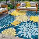 Colorful 9x12 Outdoor Area Rug Washable Multicolored Patio Rug Tropical Botanical Floral Chenille Waterproof Outdoor Carpet Non-Slip for Deck, Backyard, Porch, Ocean Dahlia