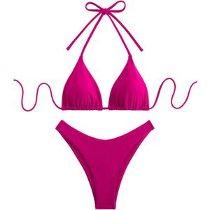 GORGLITTER Women's High Waisted Thong Bikini Set Halter Triangle Tie Back Swimsuit Bathing Suit (Red Violet) S