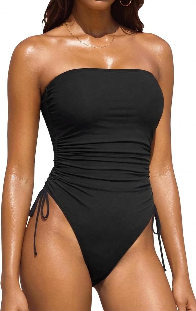 Yonique Women Strapless One Piece Swimsuit Tummy Control Bandeau Bathing Suit Cheeky Swimwear (Large, Pure Black)