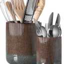 LE TAUCI Utensil Holder, 7.3"+5.4" Ceramic Kitchen Utensil Holder for Countertop, Black Cooking Utensil Crocks for Kitchen Counter, Morden Utensil Organizer for Spatula, Set of 2, Marble Dark Olive