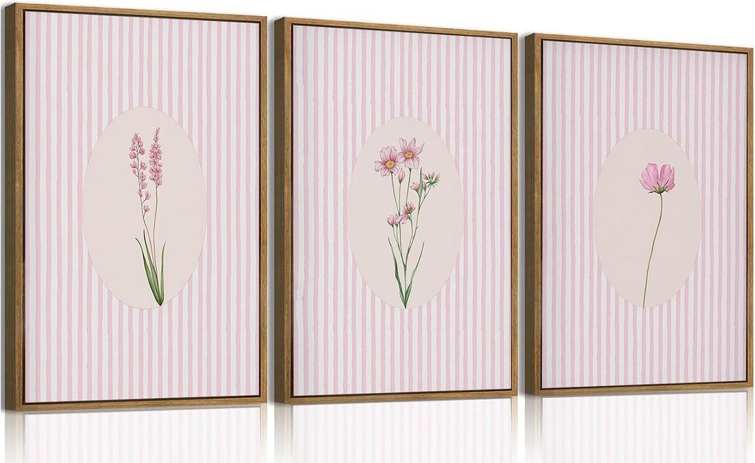 KISSFOX 3 Piece Framed Wall Art Botanical Wall Decor Pink Floral Pictures Wildflower Canvas Art Striped Minimalist Paintings Boho Artwork For Girly Room Bedroom Apartment Dorm Living Room, 16x24 In Natural Framed