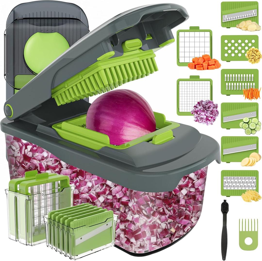 Ourokhome Food Chopper Manual Hand with Container, Mandolin Vegetable Slicer Onion Dicer with 8 Blades, Veggie Shredder for Potato, Tomato, Essential Kitchen Gadgets (8 in 1, Gray) (Green)