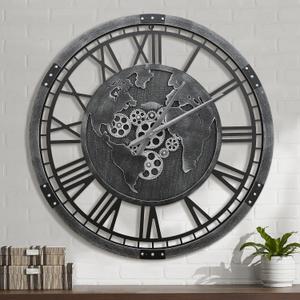 Micasso 30 in Black Oversized Wall Clock: Real Moving Gears Clock with World Map - Vintage Wood Frame Non-Ticking Battery Operated Silent Mechanical Clock for Home Decor/Office/Living Room/Bedroom