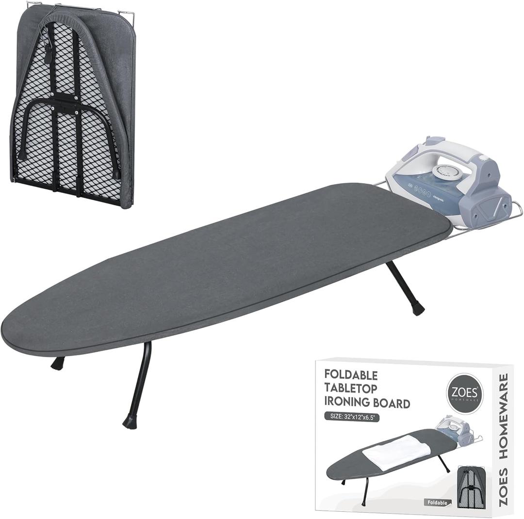 ZOES HOMEWARE Metal Mesh Panel Tabletop Ironing Board | Foldable Iron Board | Heavy Duty Small Iron Board with Heat Resistant Cover and 100% Cotton 8mm Thicken Pad | 31.5"x11.8"x6.2" (Black/Grey)