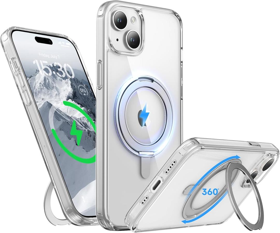 For IPhone 15 Case 6.1-Inch with Magnetic 360 Ring Stand Compatible with MagSafe Crystal Clear Shockproof Protective Phone Cover 6.1" 2023, Clear