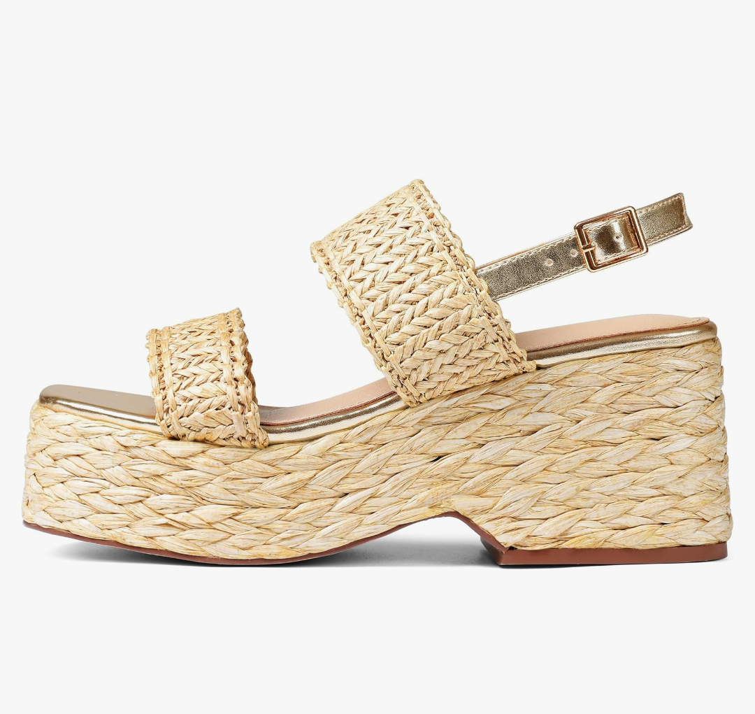 Platform Sandals Women Open Toe Ankle Strap Summer Wedge Espadrille Sandals Cute Beach Straw Raffia Woven Sandals Comfortable Vacation Dress Shoes, Size 7