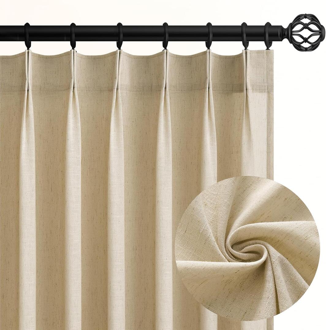 Topfinel Pinch Pleated Curtains 90 Inches Long 2 Panels Set,Beige Semi Sheer Cotton Blend Linen Burlap Farmhouse Modern Light Filtering Curtain Drapes for Living Room Bedroom,40x90 inch Length