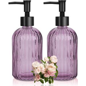 Glass Soap Dispenser with Plastic Pump, Hand Soap Dispenser for Hand Wash, Lotion Dispenser for Dishwashing Liquid, Lotion Shower Gel (Striped Purple)