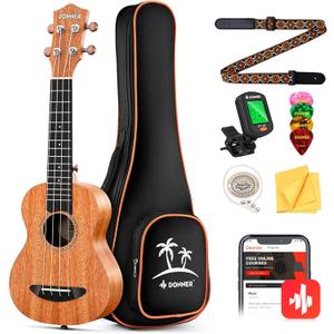 Donner Soprano Ukulele Mahogany 21 inch Ukelele Beginner Kit Online Lesson Gig Bag Strap Nylon String Tuner Picks Cloth DUS-1 Ukalalee Set Christmas Gift