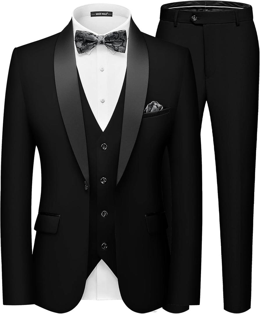 MAGE MALE Men's Slim Fit 3 Piece Suit One Button Solid Shawl Lapel Blazer Jacket Vest Pants Set with Tie Pocket Square, Size: Small (Black)