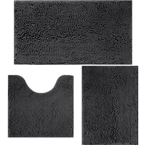 Bathroom Rugs Sets 3 Piece Non Slip,Bath Rugs with PVC Backing Bath Carpet,Bathroom Rug Washable,Absorbent,Plush Carpet Mats,Bath Mats for Bedroom, Kitchen,Tub,Home Decor(Dark Grey) (16x24"+20x20"U shape+20x32")