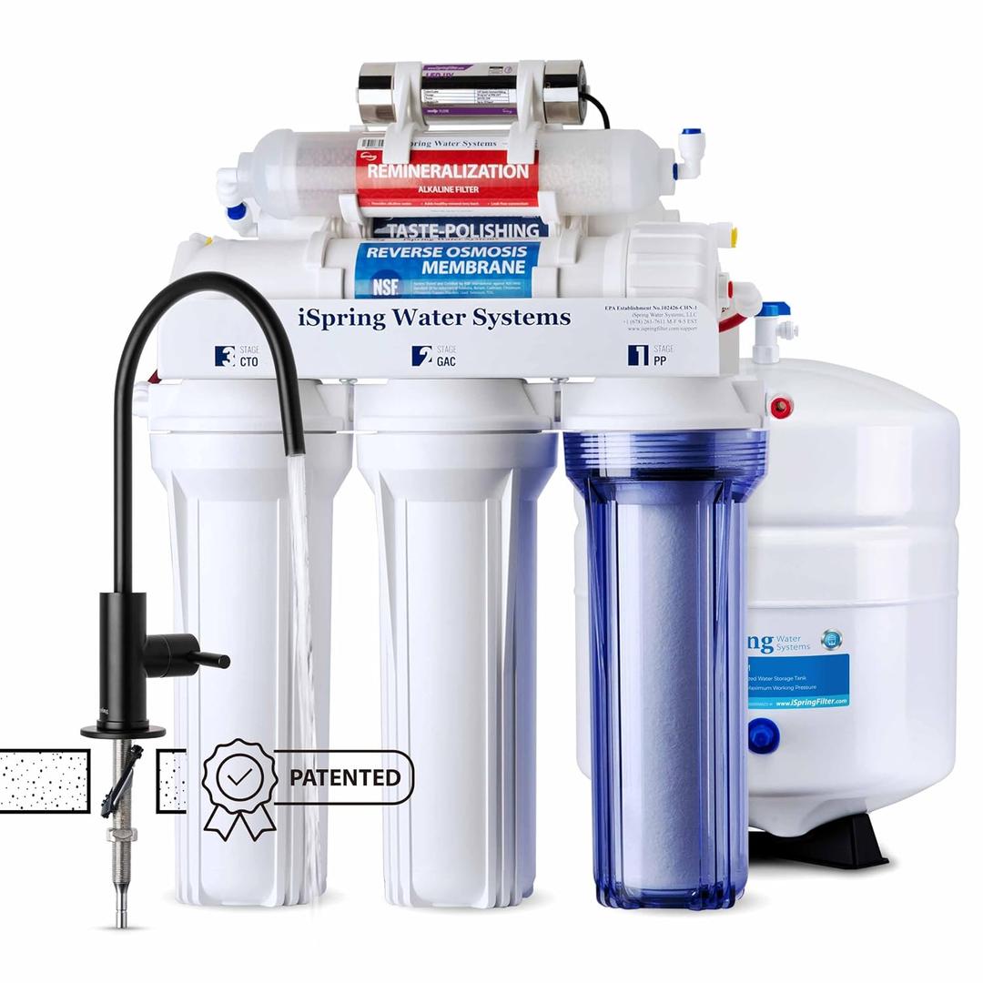iSpring RCC7AK-UVBLK, NSF 58&372 Certified, 7-Stage Reverse Osmosis Water Filter System with Alkaline and LED UV Filter, Patented Top-Mounted Faucet Design for Easy Installation
