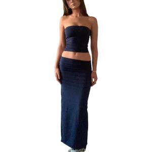 Argeousgorwomen Y2K Skirt Set Outfits Strapless Crop Top Bodycon Midi Skirt Dress Sexy 2 Piece Knit Outfits Skirt Summer(J-Black,M)